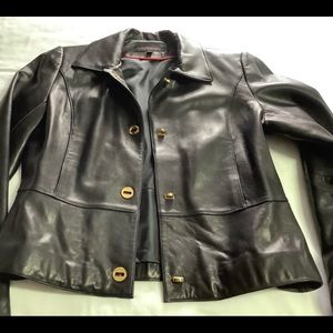 Vintage Anne Klein Black Leather Peplum Jacket, M